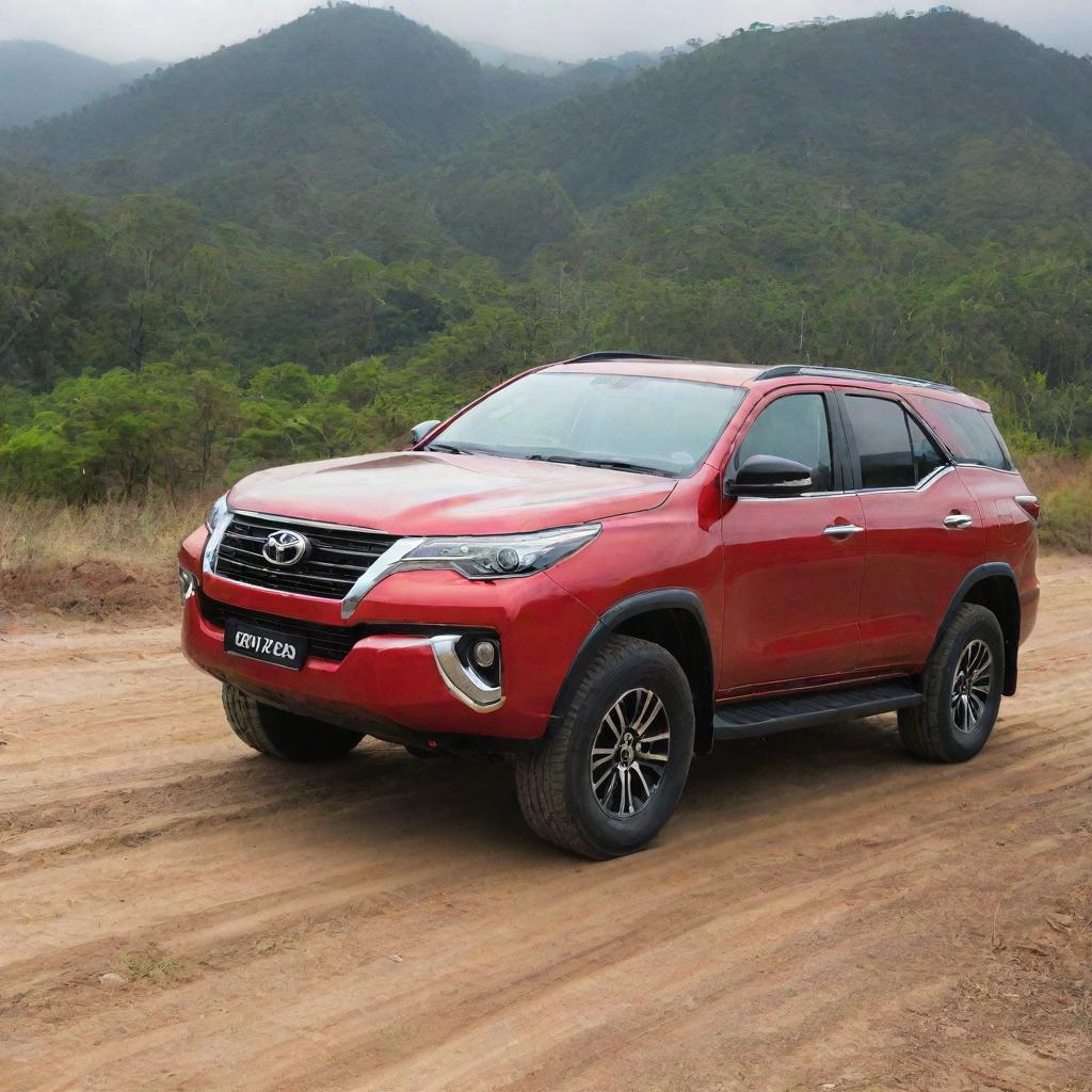 A vibrant tri-colored Toyota Fortuner in shades of red, black, and white occupies the frame. A solitary figure, their attention captivated, gazes upon the magnificent SUV.