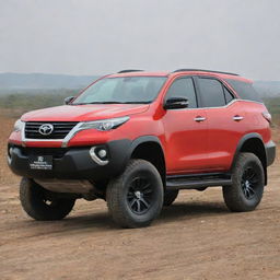 A vibrant tri-colored Toyota Fortuner in shades of red, black, and white occupies the frame. A solitary figure, their attention captivated, gazes upon the magnificent SUV.