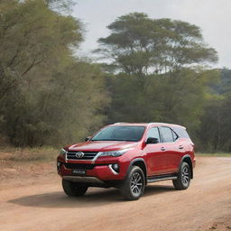 A vibrant tri-colored Toyota Fortuner in shades of red, black, and white occupies the frame. A solitary figure, their attention captivated, gazes upon the magnificent SUV.