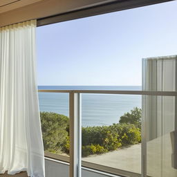 A tranquil architectural scene gazing past a soft curtain to a balcony featuring a sleek glass balustrade, providing an expansive ocean view, complemented by a neatly planted edge.