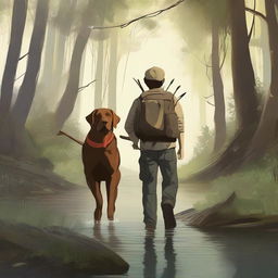 This high-quality digital art portrays a young man and his loyal brown labrador trekking through a dense forest, flanked by a babbling creek