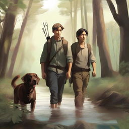 This high-quality digital art portrays a young man and his loyal brown labrador trekking through a dense forest, flanked by a babbling creek