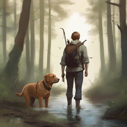 This high-quality digital art portrays a young man and his loyal brown labrador trekking through a dense forest, flanked by a babbling creek