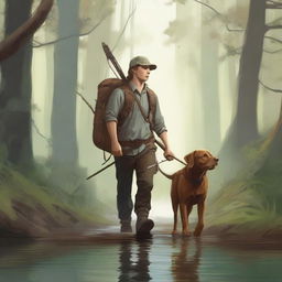 This high-quality digital art portrays a young man and his loyal brown labrador trekking through a dense forest, flanked by a babbling creek