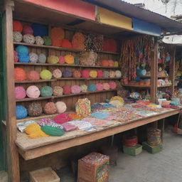 A vibrant, colorful booth situated on a quaint village street known as Malang Urban Exhibitions. The booth is filled with various crafting materials on the desk.