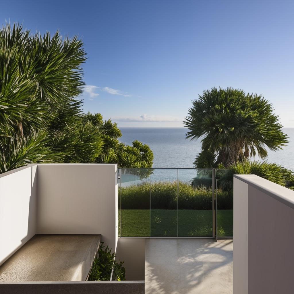 A tranquil architectural scene gazing past a soft curtain to a balcony featuring a sleek glass balustrade, providing an expansive ocean view, complemented by a neatly planted edge.