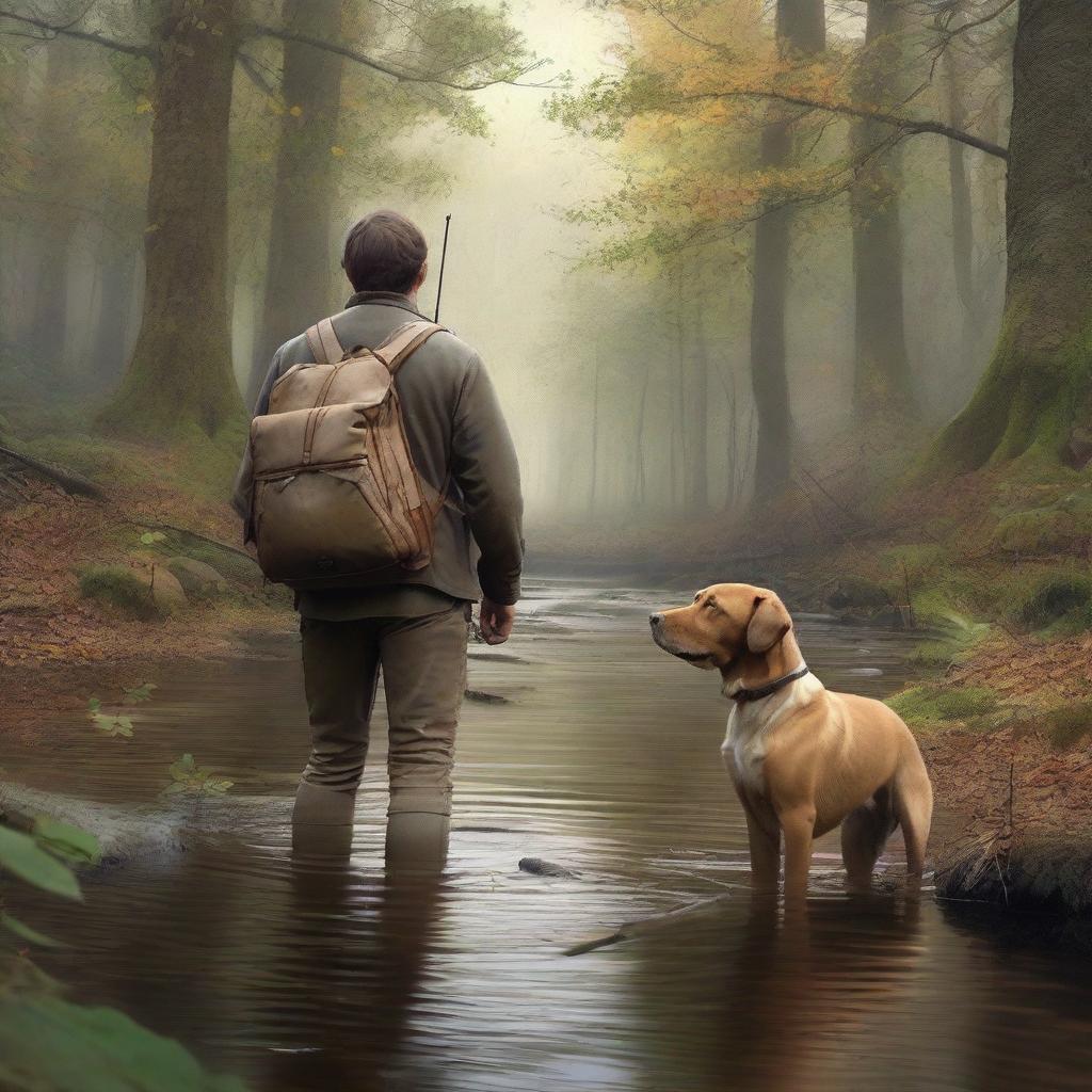 This ultra-realistic photo captures a young man and his faithful brown labrador navigating through a dense woodland, accompanied by the soothing sounds of a nearby creek