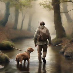 This ultra-realistic photo captures a young man and his faithful brown labrador navigating through a dense woodland, accompanied by the soothing sounds of a nearby creek