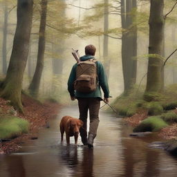 This ultra-realistic photo captures a young man and his faithful brown labrador navigating through a dense woodland, accompanied by the soothing sounds of a nearby creek