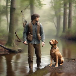 This ultra-realistic photo captures a young man and his faithful brown labrador navigating through a dense woodland, accompanied by the soothing sounds of a nearby creek