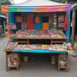 A vibrant, colorful booth situated on a quaint village street known as Malang Urban Exhibitions. The booth is filled with various crafting materials on the desk.