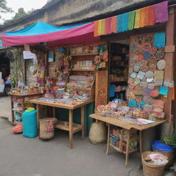 A vibrant, colorful booth situated on a quaint village street known as Malang Urban Exhibitions. The booth is filled with various crafting materials on the desk.