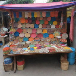 A vibrant, colorful booth situated on a quaint village street known as Malang Urban Exhibitions. The booth is filled with various crafting materials on the desk.