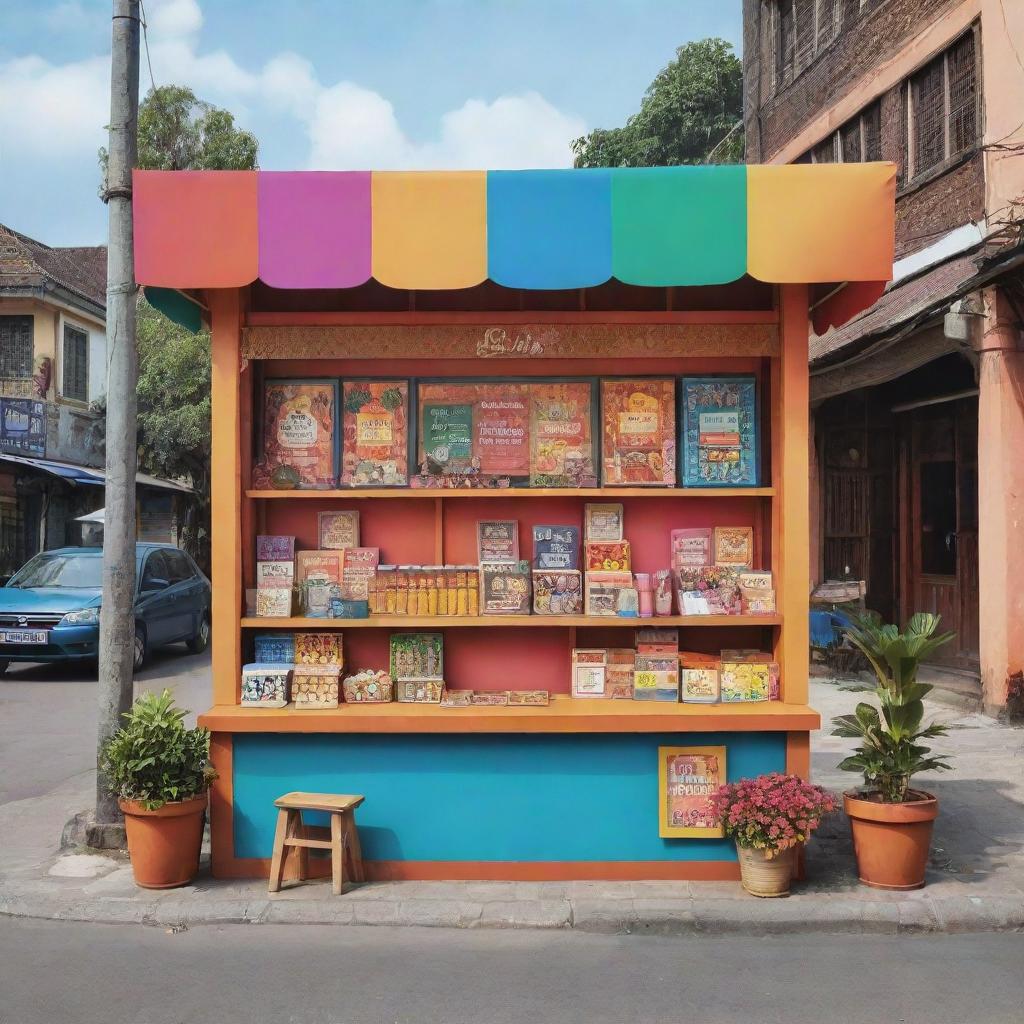 A vibrant, colorful booth represented in a vector style, situated on a quaint village street known as Malang Urban Exhibitions. The booth holds various crafting materials on the desk.