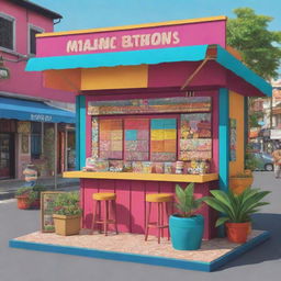 A vibrant, colorful booth represented in a vector style, situated on a quaint village street known as Malang Urban Exhibitions. The booth holds various crafting materials on the desk.