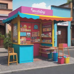 A vibrant, colorful booth represented in a vector style, situated on a quaint village street known as Malang Urban Exhibitions. The booth holds various crafting materials on the desk.