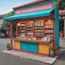 A vibrant, colorful booth represented in a vector style, situated on a quaint village street known as Malang Urban Exhibitions. The booth holds various crafting materials on the desk.