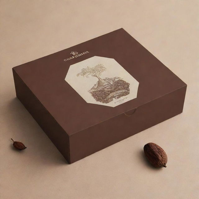 Construct an image of a wine box taking the form of a cacao seed, accompanying the minimalist logo of an app called 'Cacao Divine', imbued with symbols of cacao roots and Dominican mountains.