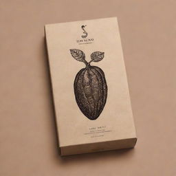 Construct an image of a wine box taking the form of a cacao seed, accompanying the minimalist logo of an app called 'Cacao Divine', imbued with symbols of cacao roots and Dominican mountains.