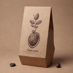 Construct an image of a wine box taking the form of a cacao seed, accompanying the minimalist logo of an app called 'Cacao Divine', imbued with symbols of cacao roots and Dominican mountains.