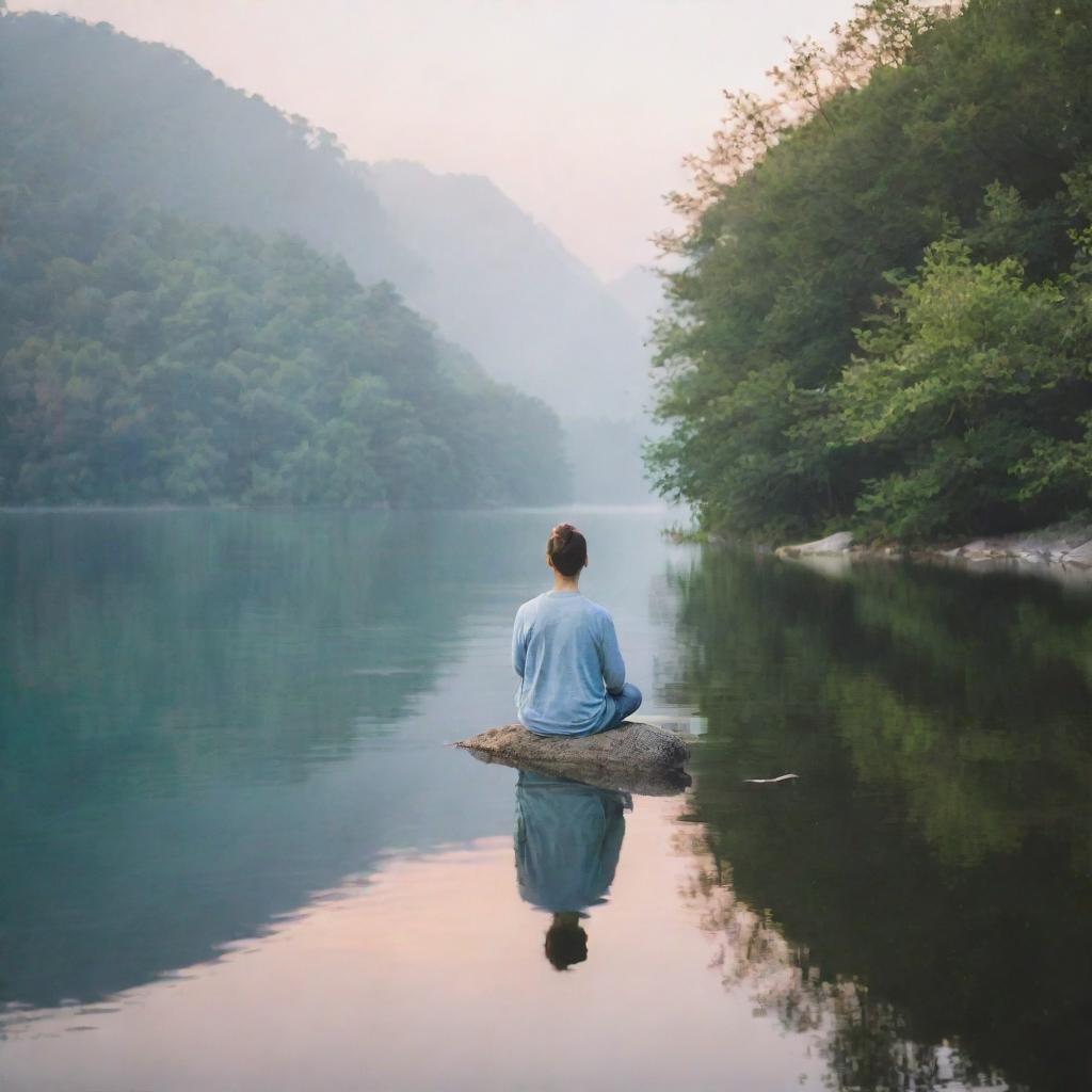 A serene, comforting scene representing mental health: A peaceful landscape with soothing colors, a calm body of water, and a person meditating peacefully, symbolizing tranquility and balanced psychological well-being.