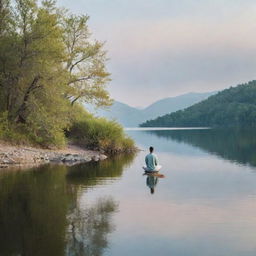 A serene, comforting scene representing mental health: A peaceful landscape with soothing colors, a calm body of water, and a person meditating peacefully, symbolizing tranquility and balanced psychological well-being.