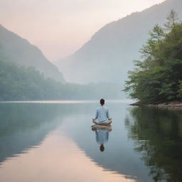 A serene, comforting scene representing mental health: A peaceful landscape with soothing colors, a calm body of water, and a person meditating peacefully, symbolizing tranquility and balanced psychological well-being.