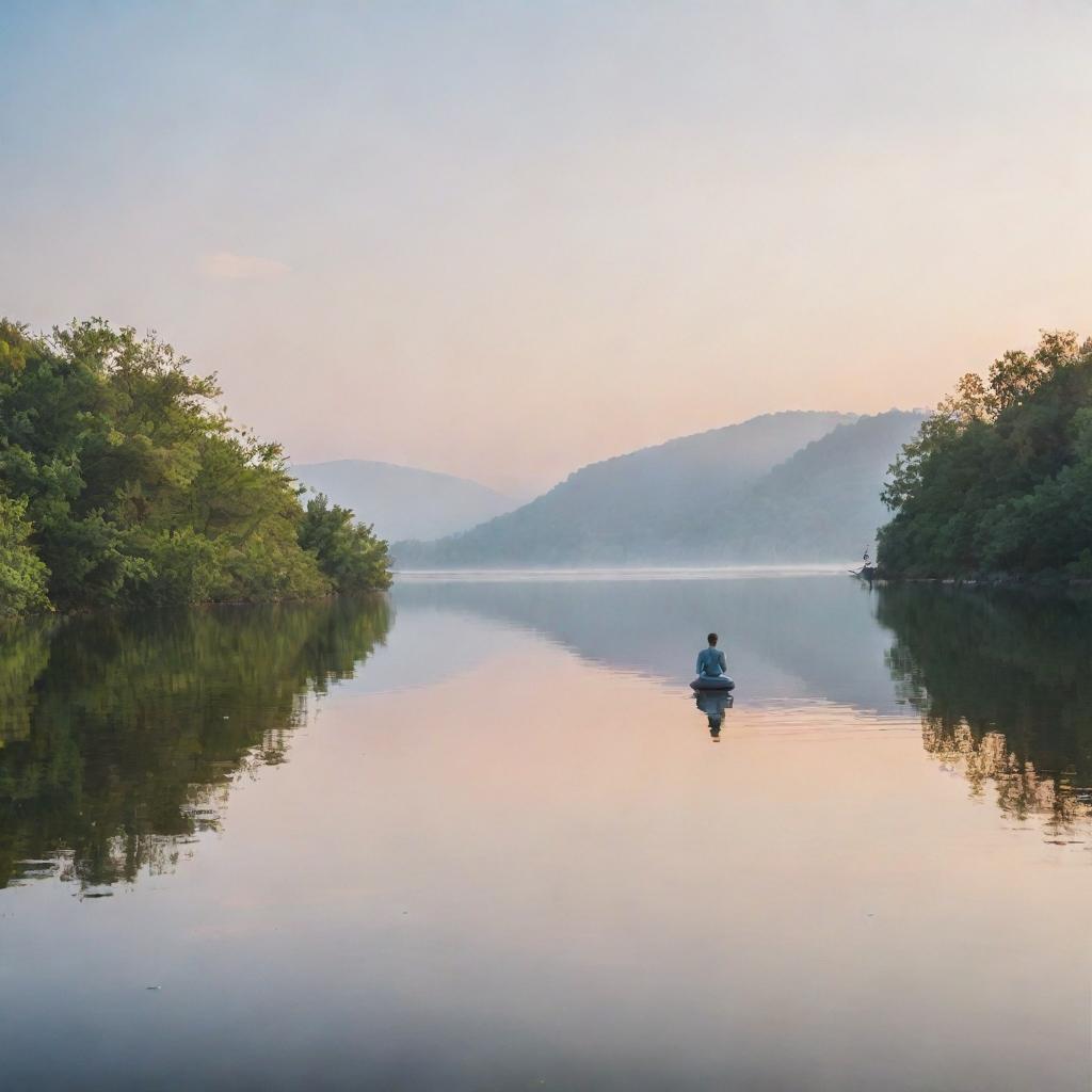 A serene, comforting scene representing mental health: A peaceful landscape with soothing colors, a calm body of water, and a person meditating peacefully, symbolizing tranquility and balanced psychological well-being.