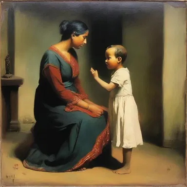 The painting depicted a mother scolding her child for misbehaving.