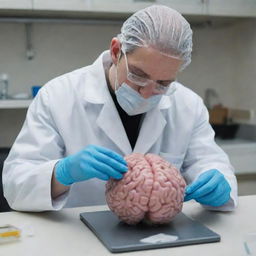 An individual carefully cleaning a human brain model, wearing a lab coat and gloves, using specialized tools. The scene is set in a sterile, tidy scientific lab environment.