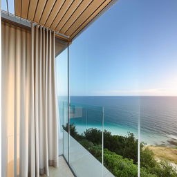 A tranquil architectural scene gazing past a soft curtain to a balcony featuring a sleek glass balustrade, providing an expansive ocean view, complemented by a neatly planted edge.