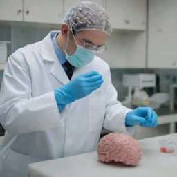 An individual carefully cleaning a human brain model, wearing a lab coat and gloves, using specialized tools. The scene is set in a sterile, tidy scientific lab environment.