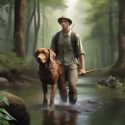 This hyper-realistic, high-resolution photograph vividly depicts a young man and his brown labrador companion journeying through a lush forest, with the serene murmur of a creek nearby