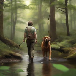 This hyper-realistic, high-resolution photograph vividly depicts a young man and his brown labrador companion journeying through a lush forest, with the serene murmur of a creek nearby