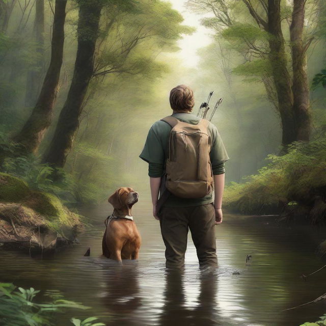 This hyper-realistic, high-resolution photograph vividly depicts a young man and his brown labrador companion journeying through a lush forest, with the serene murmur of a creek nearby