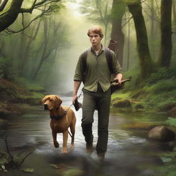 This hyper-realistic, high-resolution photograph vividly depicts a young man and his brown labrador companion journeying through a lush forest, with the serene murmur of a creek nearby