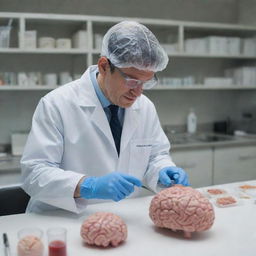 An individual carefully cleaning a human brain model, wearing a lab coat and gloves, using specialized tools. The scene is set in a sterile, tidy scientific lab environment.