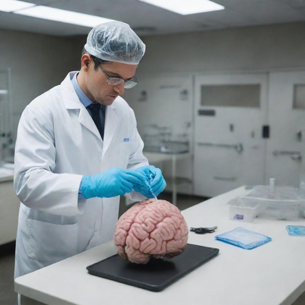 An individual carefully cleaning a human brain model, wearing a lab coat and gloves, using specialized tools. The scene is set in a sterile, tidy scientific lab environment.