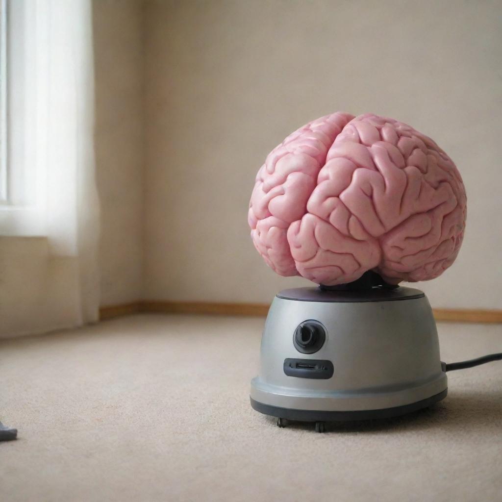 An animated vacuum cleaner humorously 'cleaning' a large, realistic model of a human brain in a brightly lit room.