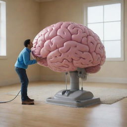 An animated vacuum cleaner humorously 'cleaning' a large, realistic model of a human brain in a brightly lit room.