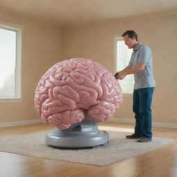 An animated vacuum cleaner humorously 'cleaning' a large, realistic model of a human brain in a brightly lit room.