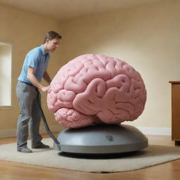 An animated vacuum cleaner humorously 'cleaning' a large, realistic model of a human brain in a brightly lit room.