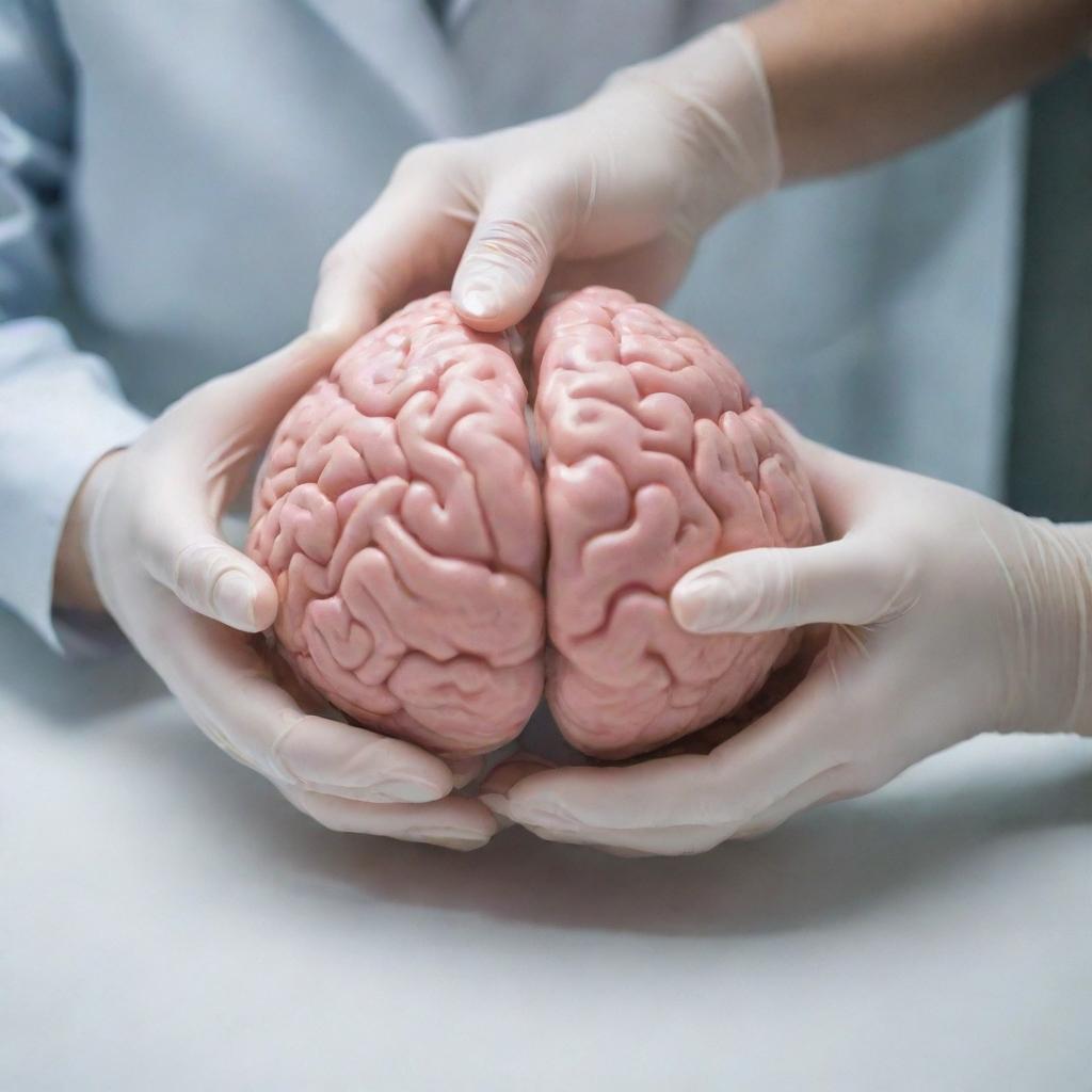 A pair of human hands, wearing sanitary gloves, gently cleaning a model of a human brain with a wet wipe in a sanitary, clinical setting.