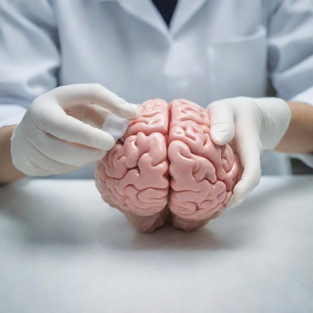 A pair of human hands, wearing sanitary gloves, gently cleaning a model of a human brain with a wet wipe in a sanitary, clinical setting.