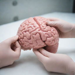 A pair of human hands, wearing sanitary gloves, gently cleaning a model of a human brain with a wet wipe in a sanitary, clinical setting.