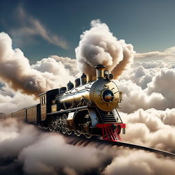 A fantastical locomotive soaring through the sky, puffing smoke, with distant clouds around it