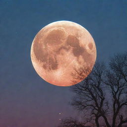 A full moon radiating soft luminescence in a sky washed with hues of red and complemented by twinkling stars.