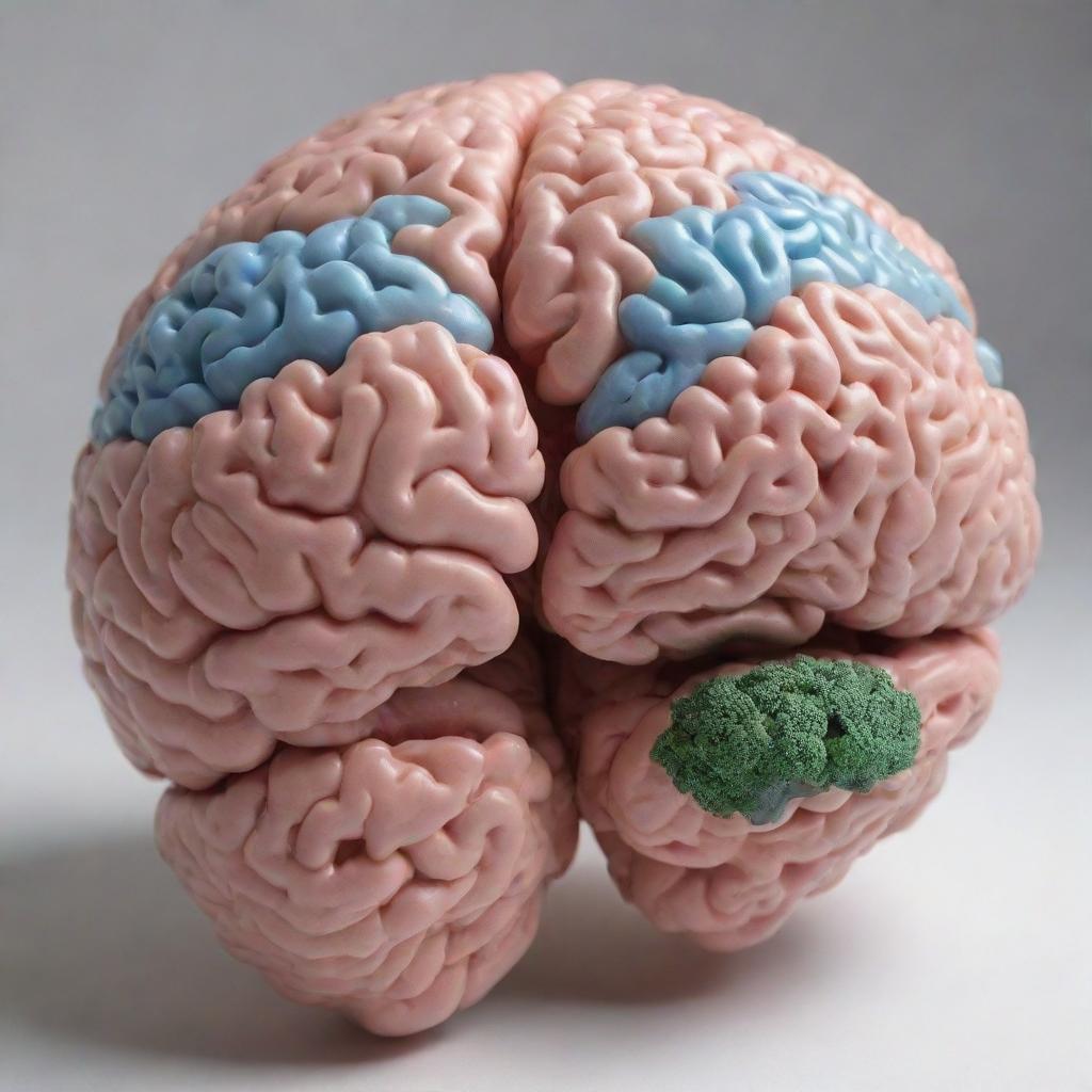 A highly detailed and realistic human brain model, except it's full of natural landscapes. The sulci and gyri are transformed into flowing rivers, mountain ranges, fields, and forests.