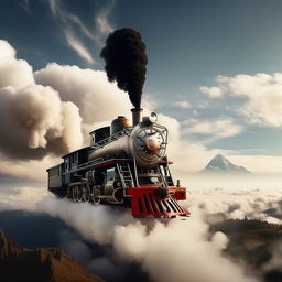 A fantastical locomotive soaring through the sky, puffing smoke, with distant clouds around it