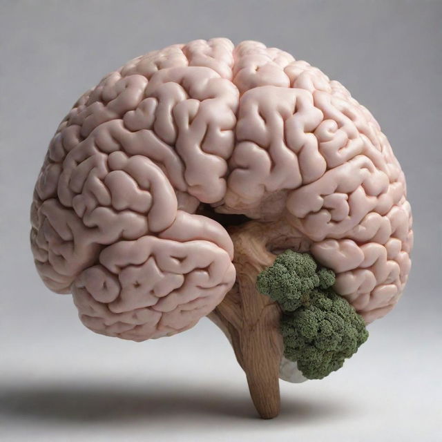 A highly detailed and realistic human brain model, except it's full of natural landscapes. The sulci and gyri are transformed into flowing rivers, mountain ranges, fields, and forests.